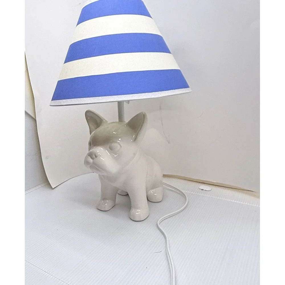 French Bulldog Table Lamp White Ceramic Dog Blue White Striped Shade 15